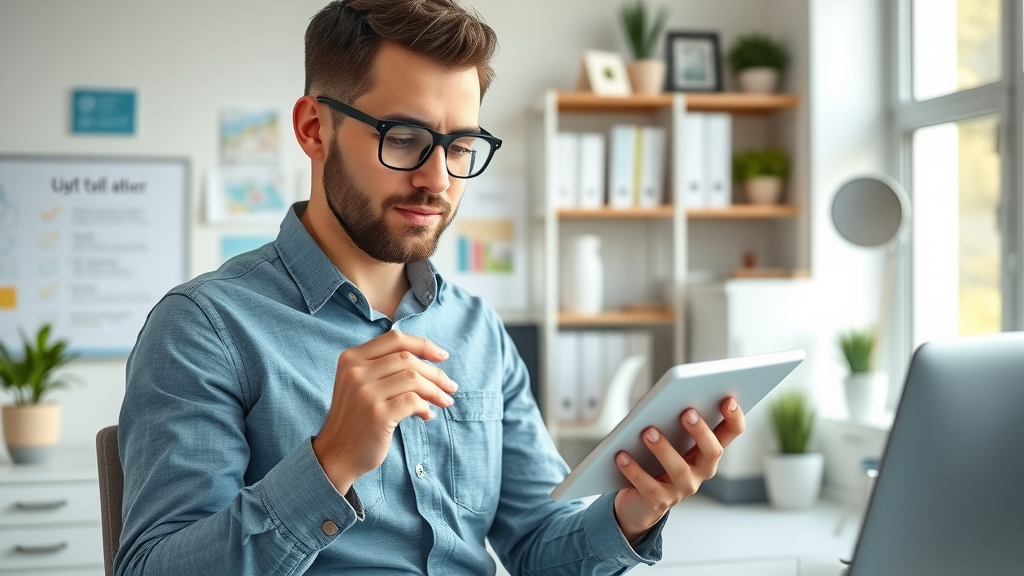 Motivated entrepreneur checking digital checklist for content marketing Plano