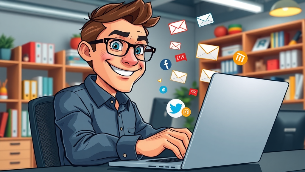 Digital marketer using affordable marketing solutions plani for social media, email, and content marketing in a dynamic office