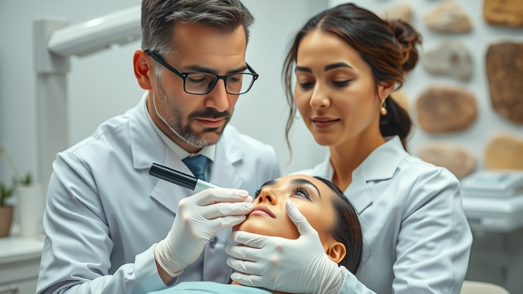 Dermatologist performing cosmetic dermatology treatments on patient in modern clinic
