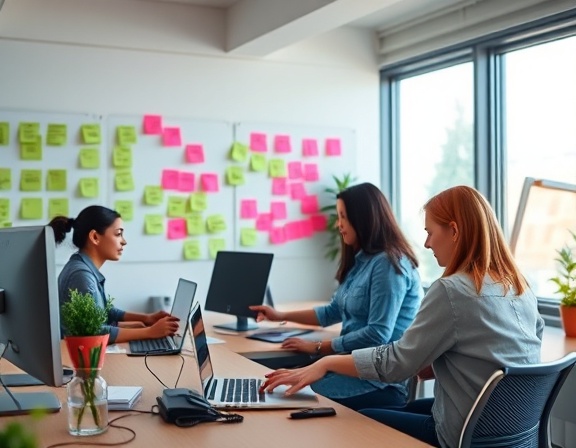 modern SocialMedia content, collaborative atmosphere, designing campaigns, photorealistic, office space with post-it notes on walls, highly detailed, keyboard typing sounds, 4000x3000 resolution, cyan and magenta tones, soft natural lighting, shot with a 35mm lens