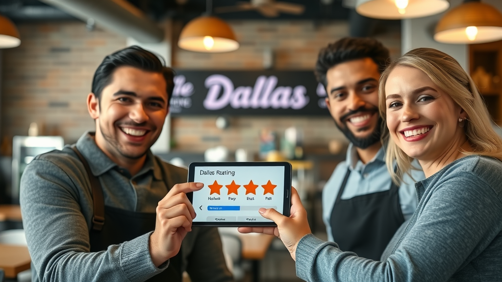 Dallas customers leaving five-star reviews on a digital device in local cafe