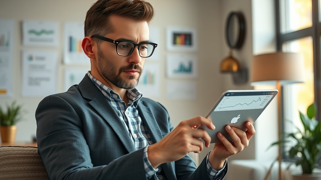 Dallas-based small business owner reviewing digital analytics on a tablet in a cozy office environment
