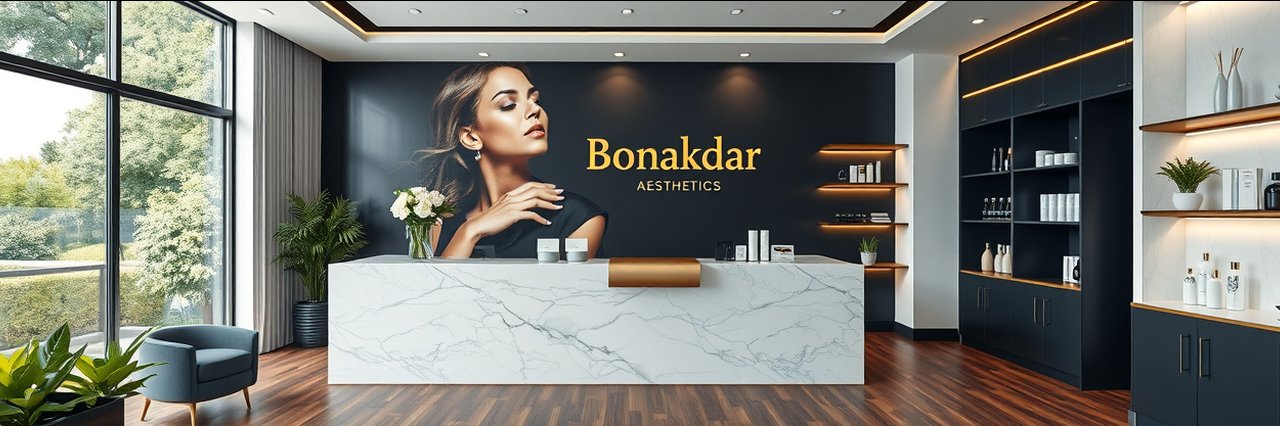 Modern reception area of Bonakdar Aesthetics featuring facial rejuvenation procedures branding.