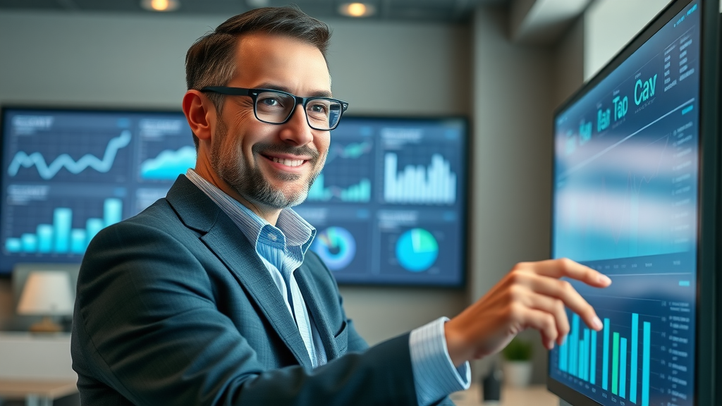 Modern Plano business owner reviewing digital marketing analytics, digital marketing plano success, high-tech workspace