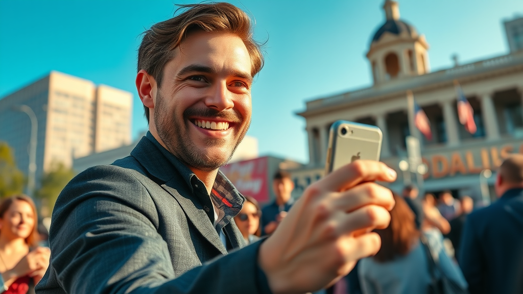 social media marketing dallas - Dallas influencer engaging with local followers at a city landmark.