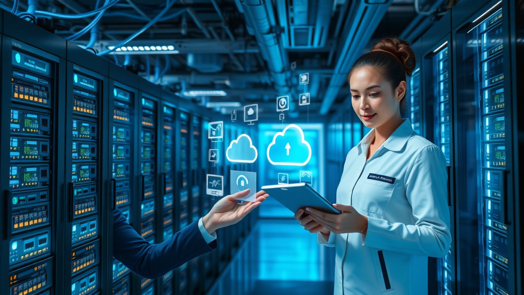 Technicians managing video production and storage in advanced data server room.