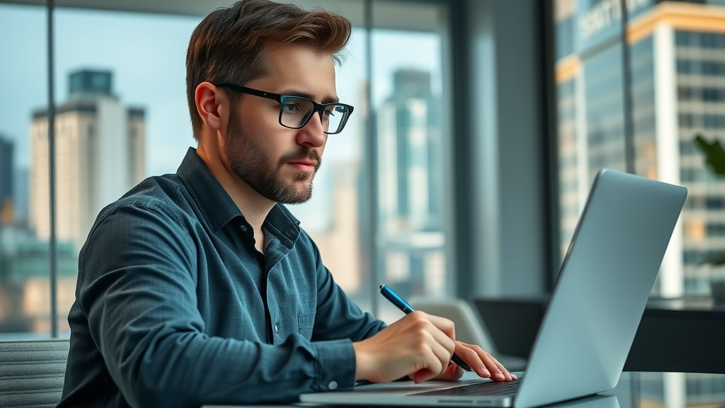 SEO agency in Plano - Marketer analyzing SEO data for a Plano business, laptop and cityscape visible