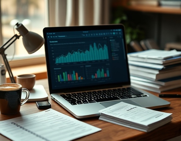 insightful engagement insights, contemplative, interpreting metrics, photorealistic, a cozy office desk with a laptop showing analytics, highly detailed, gentle motion of papers and coffee steam, precision focus, warm tones, diffused daylight, shot with a 50mm prime lens.