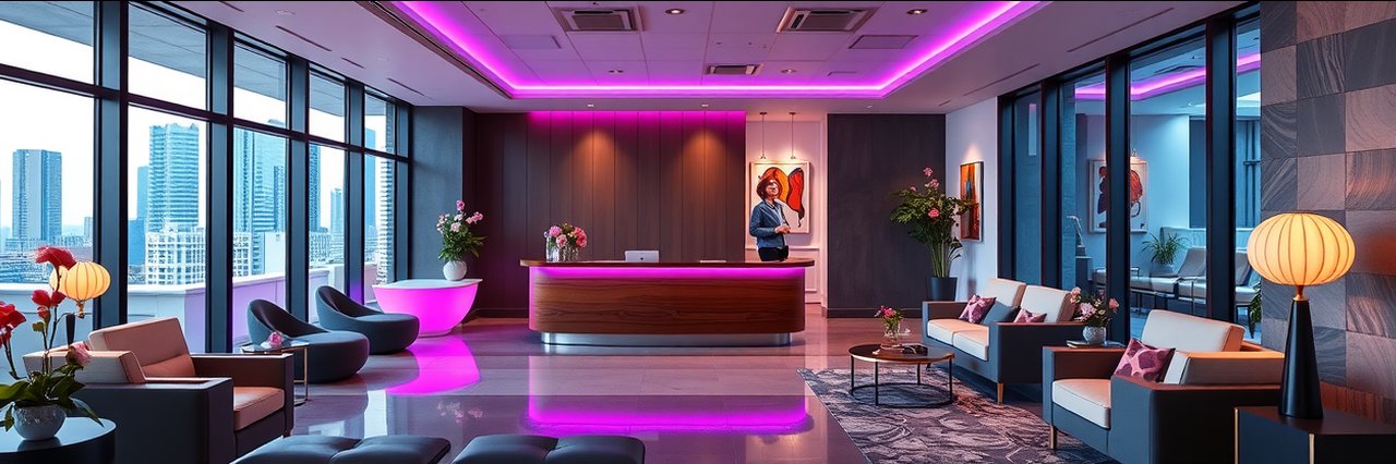Modern medspa lobby in Bay Area with chic decor and accent lighting for dermal fillers