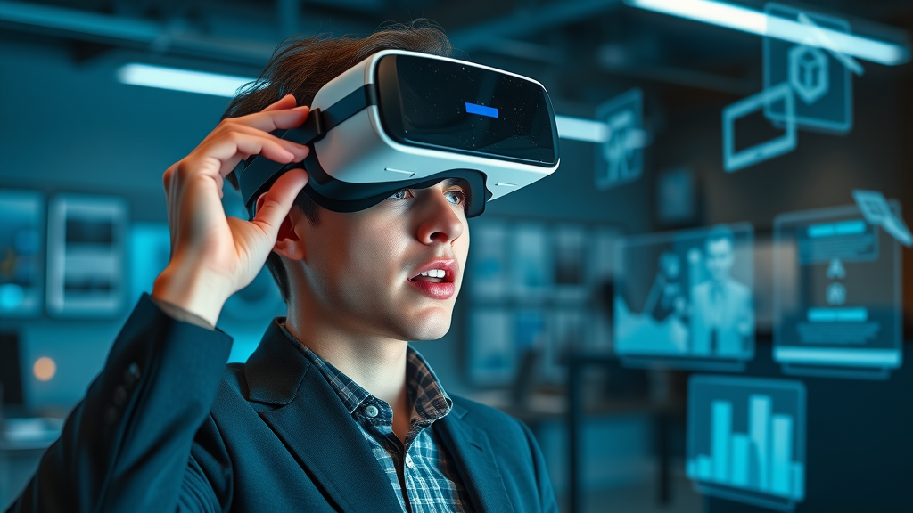 young business owner AR VR headset digital marketing projections