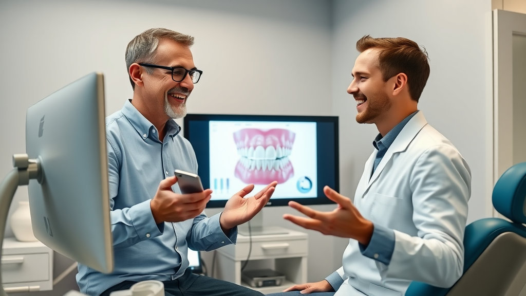 Dental specialist showing 3D zirkor digital implants model to smiling patient