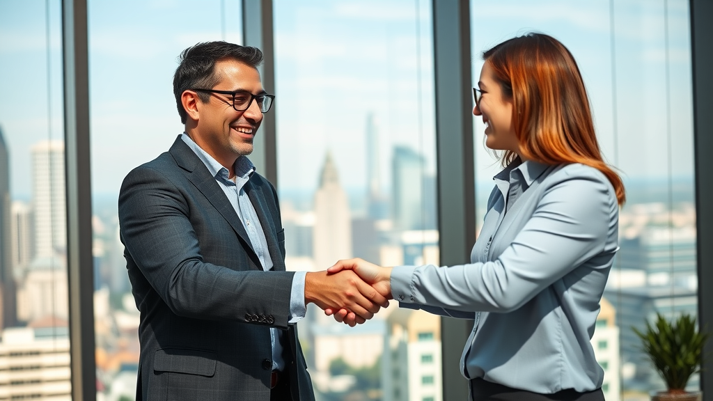 Dallas SEO expert consulting business owner in office with city skyline view