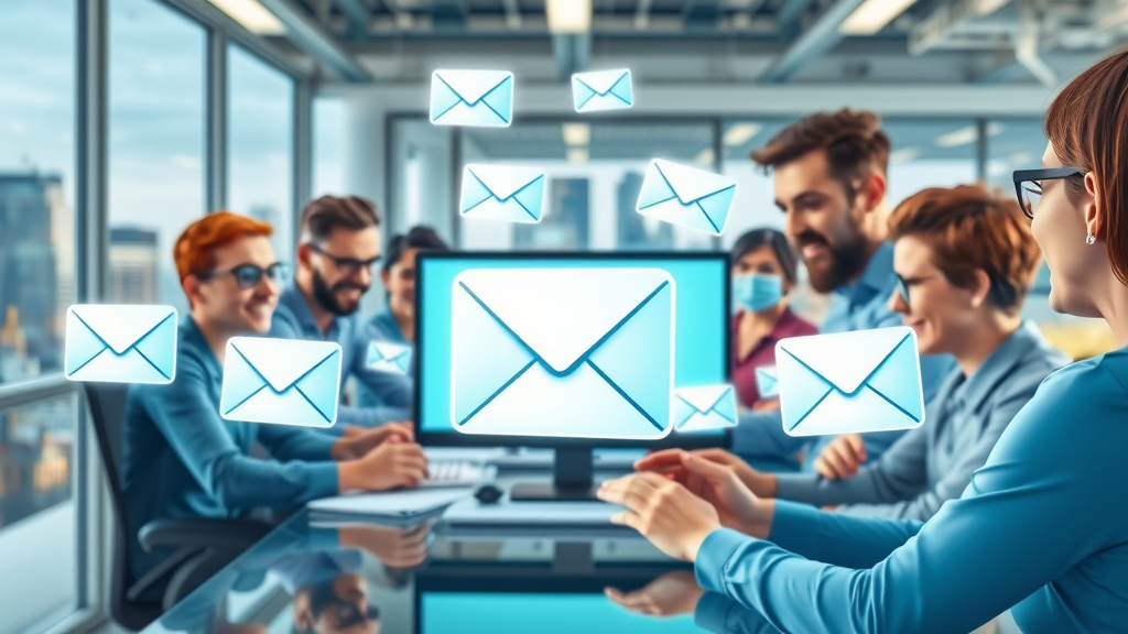 Small business marketing Dallas: marketing team launching targeted email campaign, open-plan Dallas agency office, animated envelope icons