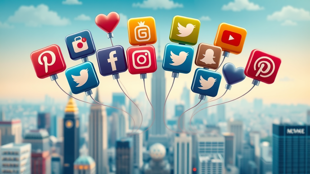Icons of major social media platforms above a graphic of Plano cityscape