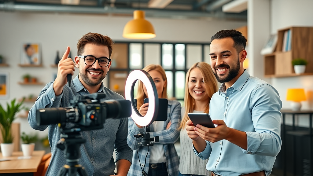 happy business owners producing live social media video for small business content strategy