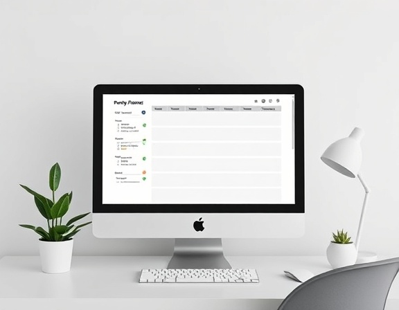 minimalist posting planner, efficient, being filled, photorealistic, office desk with a computer and potted plant, highly detailed, notifications popping up, crisp definition, pastel colors, natural ambient lighting, shot with a wide-angle lens.