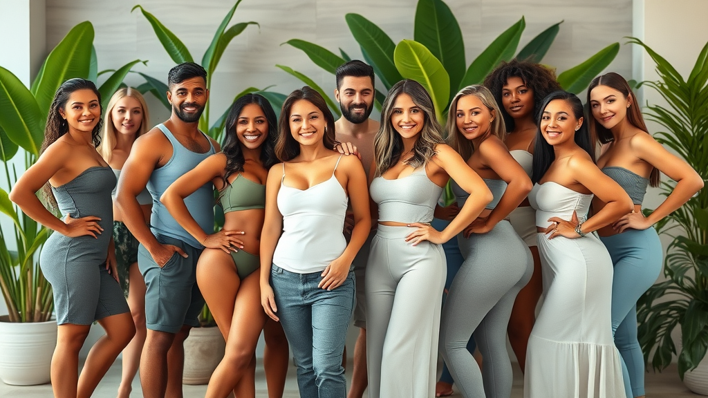 Diverse people show body contouring treatments results in elegant spa setting