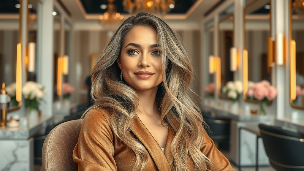 Luxury hair salon client with radiant hair and a confident smile in a modern setting.