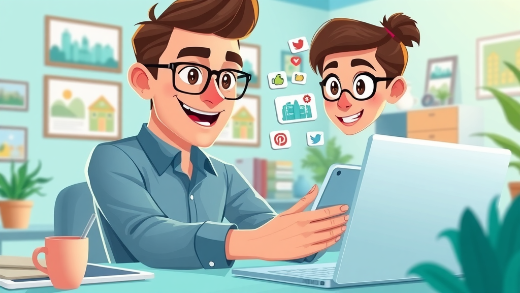 modern real estate marketer using social media for Dallas audience on laptop and smartphone, high engagement, Dallas decor