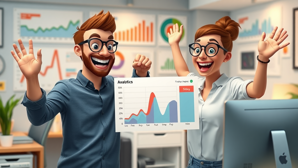 Plano digital marketing joyful startup founders reviewing successful web analytics