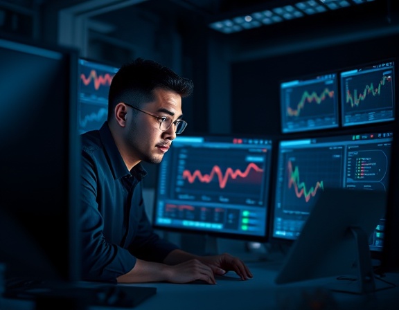 advanced analytics software, focused analyst, interacting with, photorealistic, tech-savvy workspace with multi-screen setup, highly detailed, real-time data integration, high dynamic range imaging, cool tones, studio lighting, shot with a 85mm telephoto lens