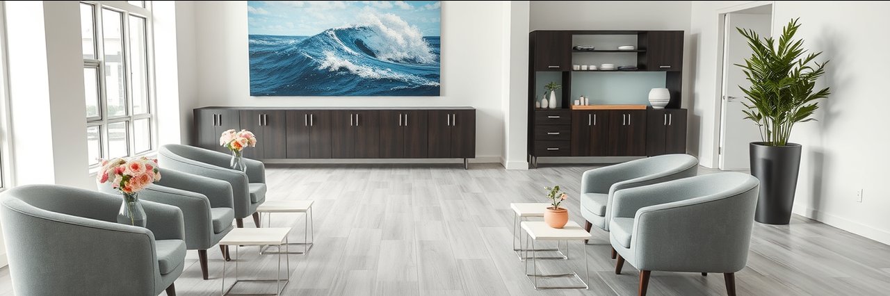 Modern medical spa treatments waiting lounge with calming decor and floral accents.