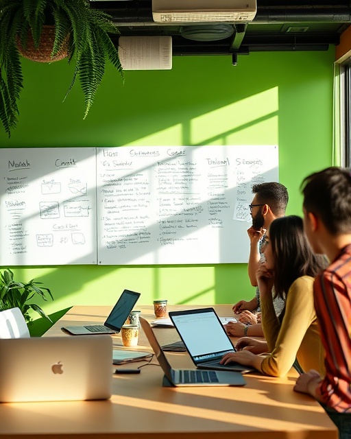 dynamic platform collaboration, thoughtful expression, brainstorming, photorealistic, co-working space with collaborative writing boards and laptops, highly detailed, energy of creative exchange, vibrant green accents, natural sunlight, shot with a Sony FE 35mm f/1.4 GM lens.