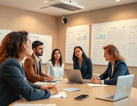 efficient synergy strategies, focused expression, strategizing, photorealistic, modern boardroom with whiteboards and projectors, highly detailed, a team of diverse professionals sharing ideas, warm beige tones, diffused lighting, shot with a Nikon 85mm f/1.4G lens.