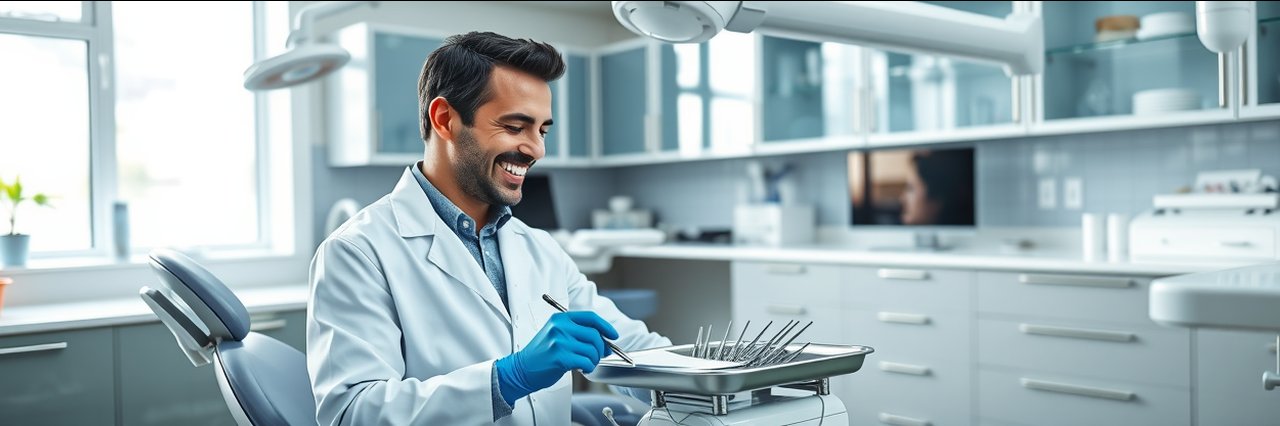 Professional dentist prepares at modern clinic offering professional dental service.