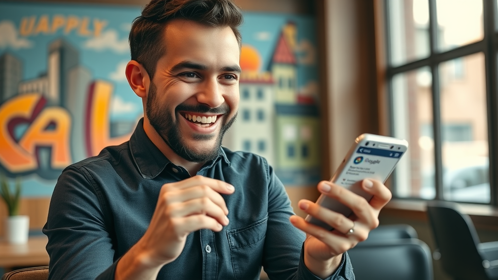 Cheerful Dallas entrepreneur updating Google Business Profile, Local SEO for small business marketing Dallas