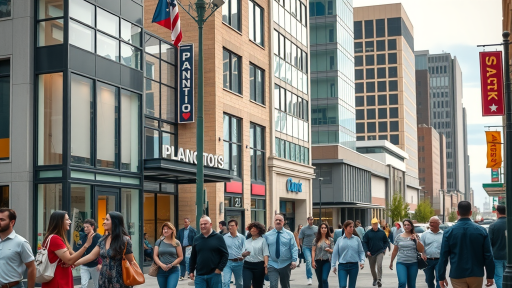 vibrant modern downtown Plano, local seo plano, professional business exterior, bustling atmosphere