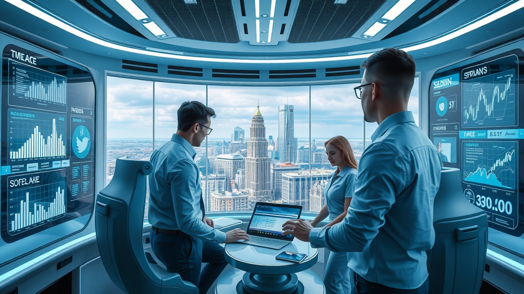 Futuristic Plano workspace showing smart social media trends screens