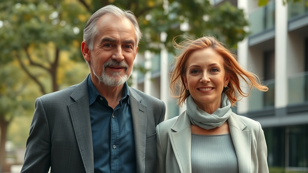 Confident couple after facelift procedures strolling outdoors in urban setting