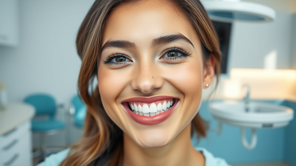 Radiant young woman with flawless smile at cosmetic dentistry services clinic
