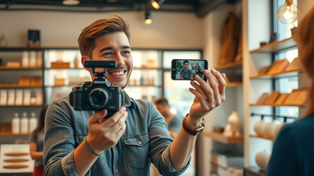 Plano business owner filming engaging social media video