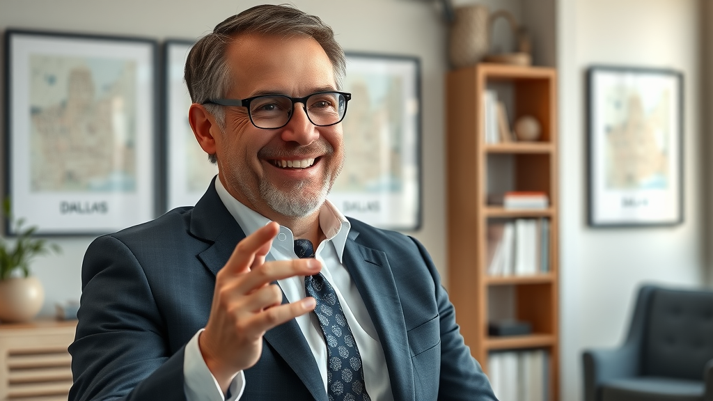 experienced Dallas real estate expert giving interview on Dallas estate market trends, modern office with Dallas maps in background