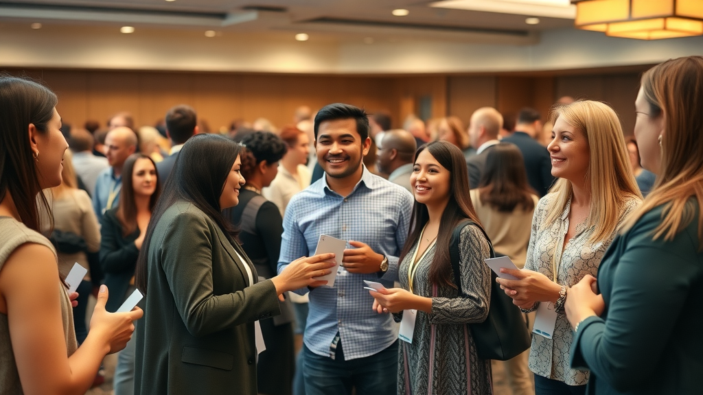 Supportive local community attending a Dallas small business networking event, diverse entrepreneurs mingling in an event hall to encourage business growth.