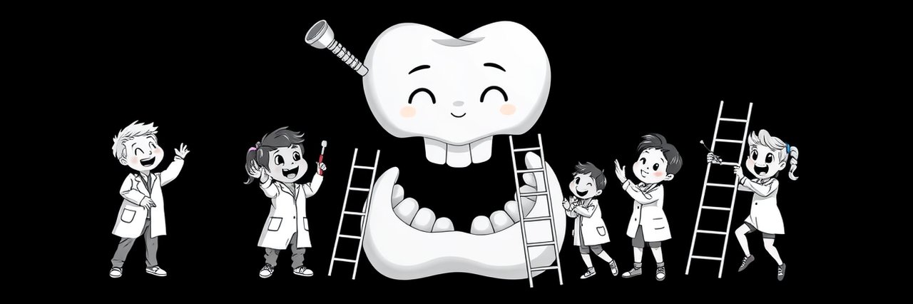 Cartoon children working on giant tooth, dental lab services concept
