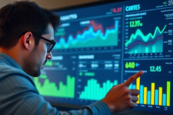innovative engagement analytics, curious, analyzing data, photorealistic, a digital dashboard with insightful graphs, highly detailed, dynamic flow of information, sharp clarity, cool blues and greens, soft ambient light, shot with a wide-angle lens.