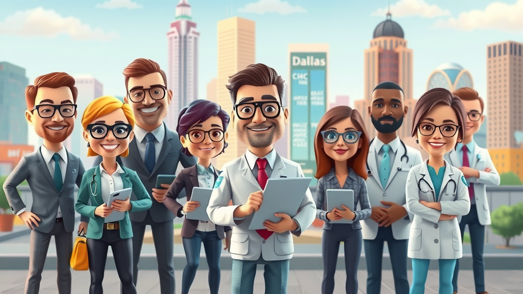 Dynamic Dallas industry icons representing tech, healthcare, retail entrepreneurs, stylized city backdrop, small business growth dallas