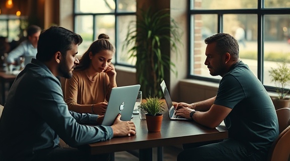 intuitive SocialMedia content, inspired minds, collaborating in teams, photorealistic, a coffee shop meeting with laptops open, highly detailed, conversation buzzing in the background, 4000x5000 resolution, muted earth tones, gentle sunlight through windows, shot with a 50mm lens
