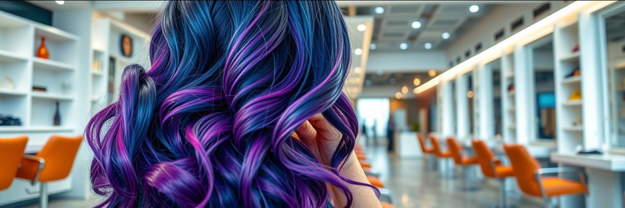 Luxury hair salon with woman showing vibrant blue and purple wavy hairstyle