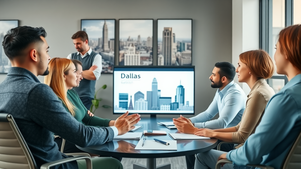 Small business marketing Dallas: business owner interviewing Dallas digital marketing agency, professional meeting, contemporary conference room, photorealistic