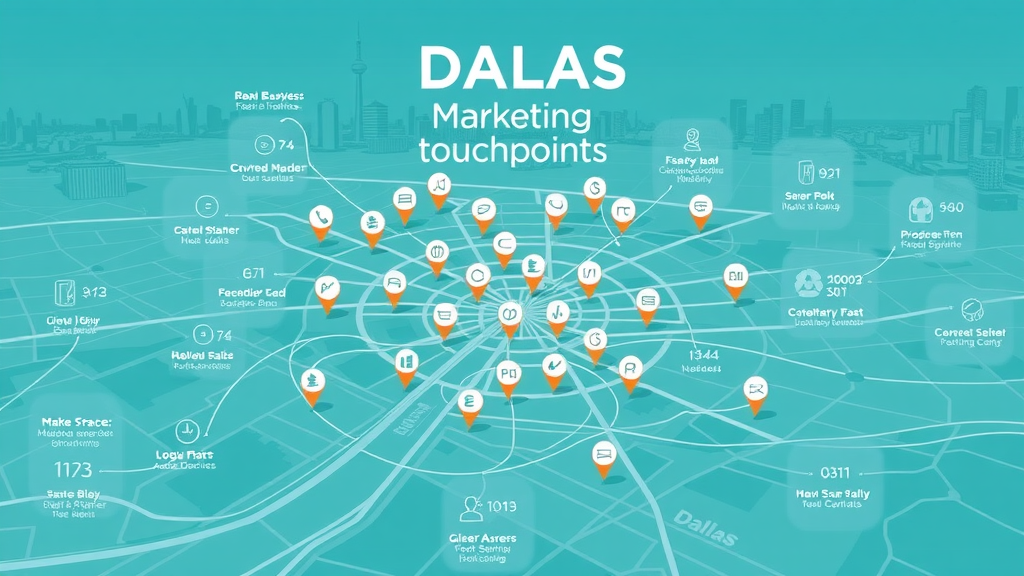 Small business marketing Dallas: map of Dallas with business districts and marketing touchpoints, infographic style, clean blue and green