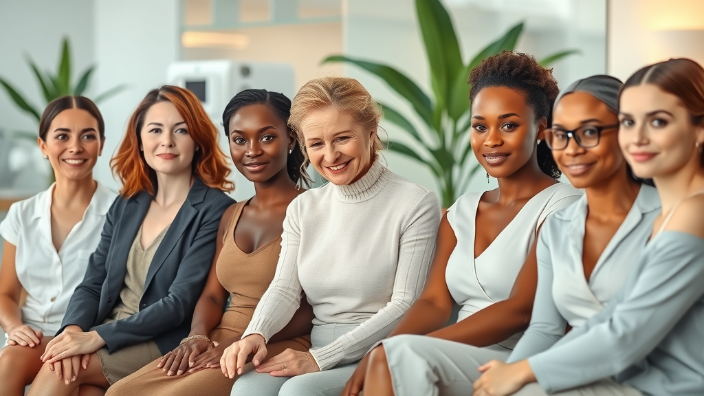 Confident adults at a cosmetic dermatology clinic, diverse skin types