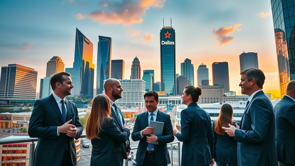 vibrant Dallas downtown skyline with business professionals networking, small business growth dallas, iconic landmarks, bustling business signage, city lights at golden hour
