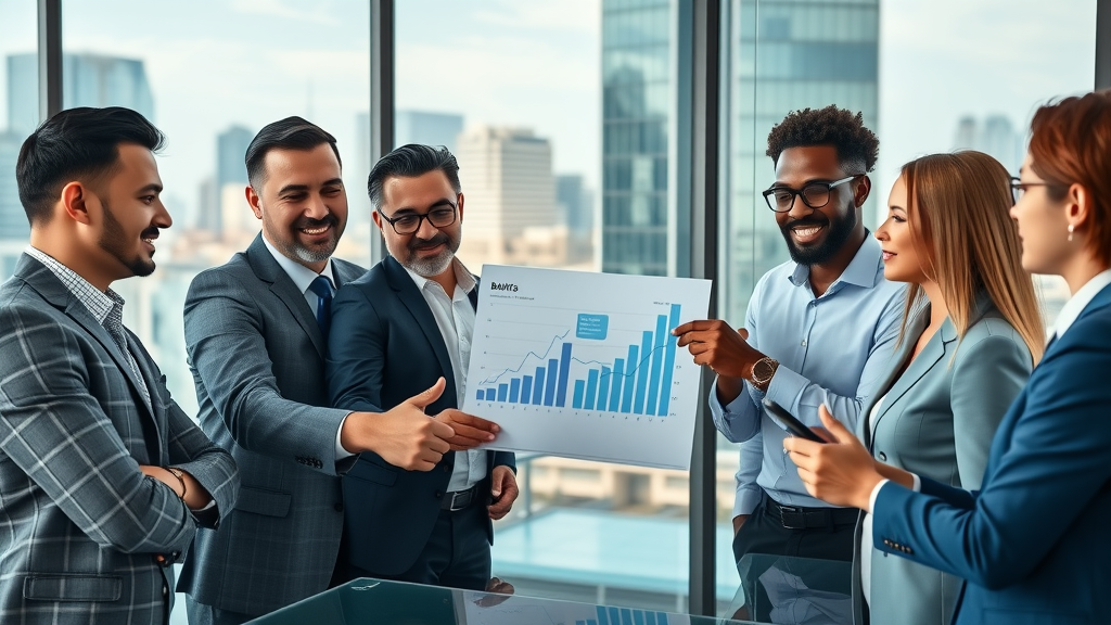 Confident diverse business leaders collaborating and pointing at growth charts in an upscale Dallas boardroom; dallas business growth strategies for small business and financial expansion in the region