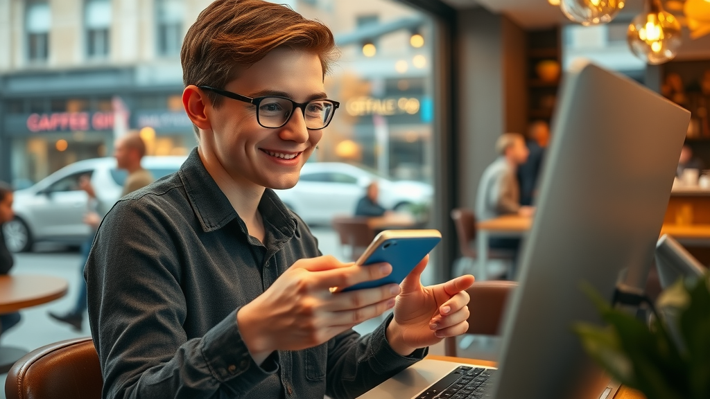 digital marketer scheduling business blog posts on social media app, customer engagement and marketing strategy