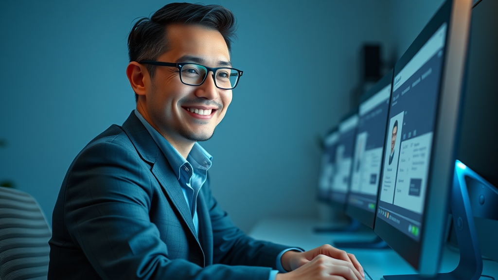 Professional business owner updating online business profile on desktop computer