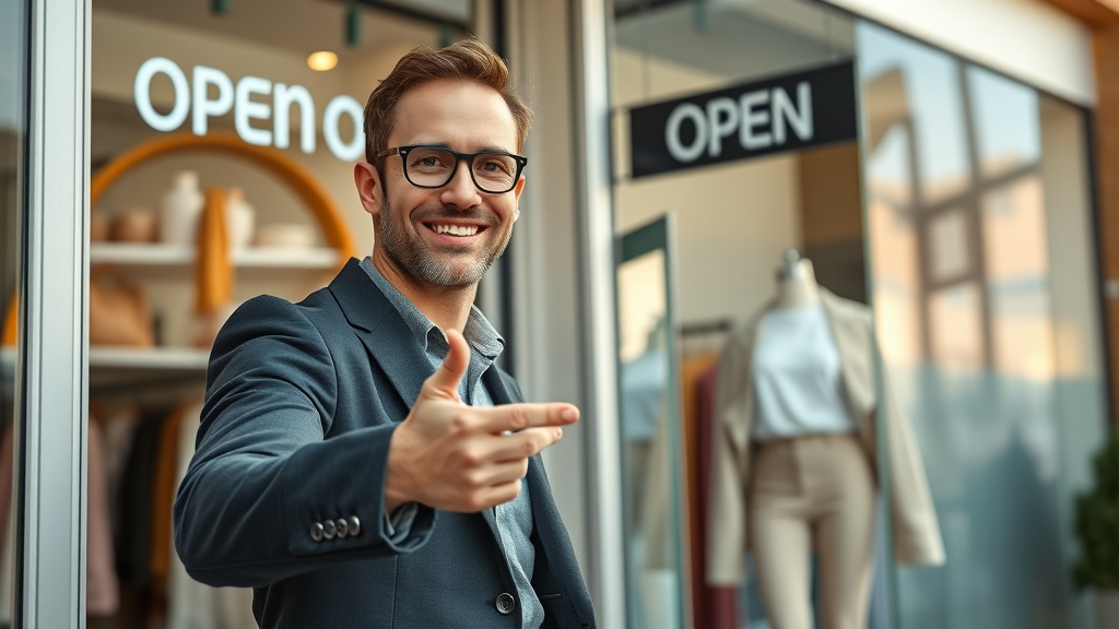 Plano small business owner optimistically opening store with support of a marketing agency, ready to thrive with social media marketing for small business in plano